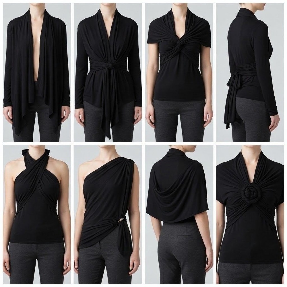 DKNY Cozy Convertible Cardigan Wrap Black Silk Blend Multi Way S Travel Luxury